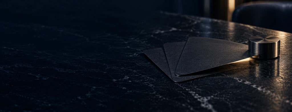 Blank cards fanned on dark marble