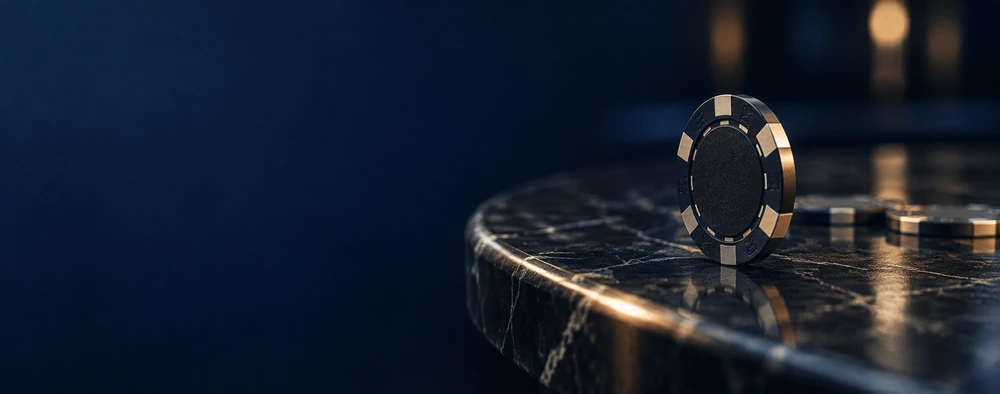 A single casino chip standing on the edge of a marble table