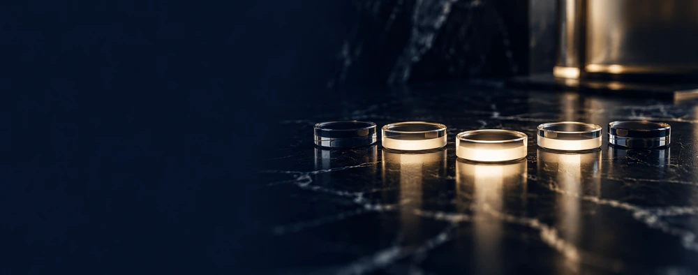 Glass discs lit from beneath on dark marble