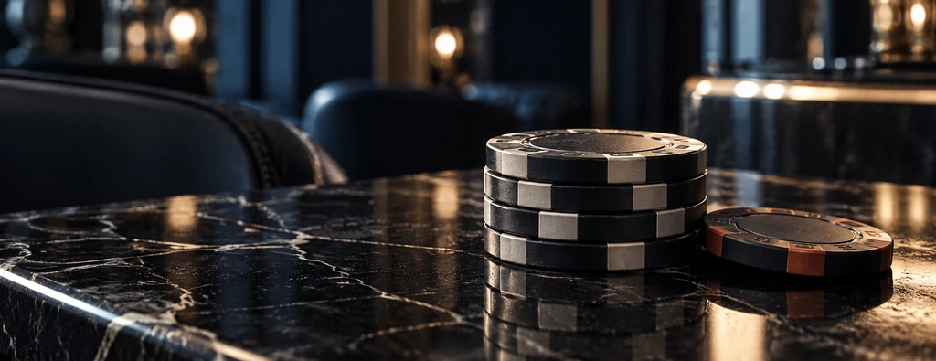 A stack of casino chips on a black marble table