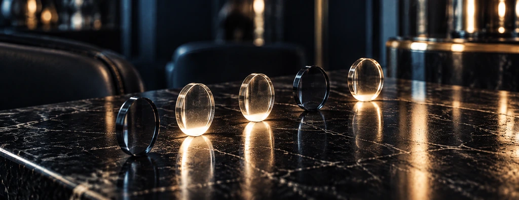 Five glass discs standing on dark marble