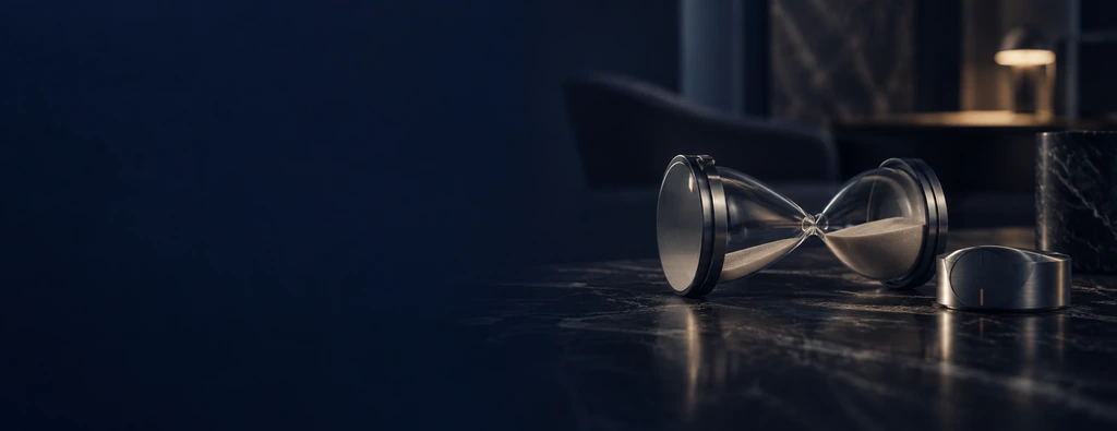 An hourglass resting on a marble surface