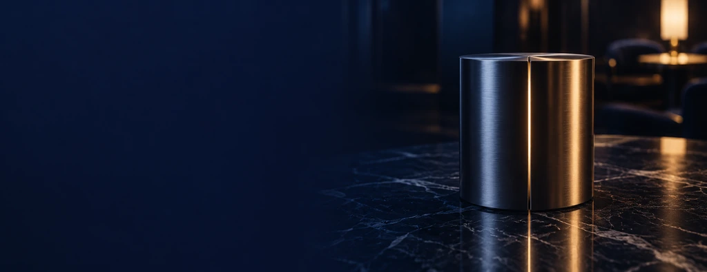 A closed metal cylinder on a marble table