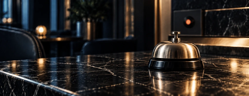 A brass service bell on a marble counter