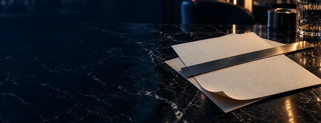 Two blank sheets and a metal ruler on marble